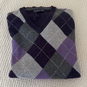 Brooks Brothers Purple and Gray Argyle V-Neck Sweater